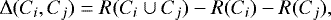 \begin{equation*}\Delta(C_i,C_j) = R(C_i \cup C_j)-R(C_i) - R(C_j), \end{equation*}