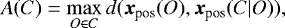 \begin{equation*}A(C)=\max_{O \in C} d(\bm{x}_{\textrm{pos}}(O), \bm{x}_{\textrm{pos}}(C|O)), \end{equation*}