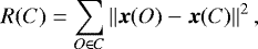 \begin{equation*} R(C) = \sum_{O \in C} \left\lVert \bm{x}(O)-\bm{x}(C)\right\rVert^2, \end{equation*}