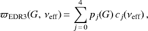 \begin{equation*}\varpi_{\textrm{EDR3}}(G,\,\nu_{\textrm{eff}})\,{=}\,\sum_{j\,{=}\,0}^{4} p_j(G) \, c_j(\nu_{\textrm{eff}})\,, \end{equation*}