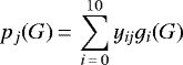 \begin{equation*}p_j(G)\,{=}\,\sum_{i\,{=}\,0}^{10} y_{i\!j} g_i(G)\, \end{equation*}