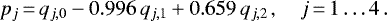 \begin{equation*}p_j\,{=}\,q_{j,0} - 0.996\, q_{j,1} + 0.659\, q_{j,2}\,,\quad j\,{=}\,1\dots 4\,. \end{equation*}