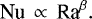 \begin{align*}\textrm{Nu}\,\propto\,\textrm{Ra}^{\beta}. \end{align*}