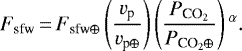 \begin{align*}F_{\textrm{sfw}}\,{=}\,F_{\textrm{sfw}\oplus}\left(\frac{v_{\textrm{p}}}{v_{\textrm{p}\oplus}}\right)\left(\frac{P_{\textrm{CO}_2}}{P_{{\textrm{CO}_2}\oplus}}\right){}^{\alpha}. \end{align*}