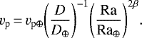 \begin{align*}v_{\textrm{p}}\,{=}\,v_{\textrm{p}\oplus}{\left(\frac{D}{D_{\oplus}}\right)}^{-1}{\left(\frac{\textrm{Ra}}{\textrm{Ra}_{\oplus}}\right)}^{2\beta}. \end{align*}