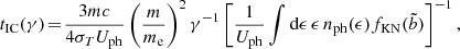 $$ \begin{aligned} t_{\rm IC}(\gamma ) \!=\! \frac{3 m c}{4\sigma _{T} U_{\rm ph}} \left( \frac{m}{m_{\rm e}} \right)^2 \gamma ^{-1} \left[ \frac{1}{U_{\rm ph}} \int \mathrm{d}\epsilon \, \epsilon \, n_{\rm ph}(\epsilon ) f_{\rm KN}(\tilde{b}) \right]^{-1}, \end{aligned} $$