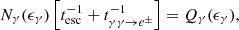 $$ \begin{aligned} N_\gamma (\epsilon _\gamma )\left[ t_{\rm esc}^{-1} + t_{\gamma \gamma \rightarrow e^\pm }^{-1} \right] = Q_{\gamma }(\epsilon _\gamma ), \end{aligned} $$