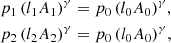 $$ \begin{aligned}&p_1 \left(l_1 A_1\right)^\gamma =p_0 \left(l_0 A_0\right)^\gamma \!,\nonumber \\&p_2 \left(l_2 A_2\right)^\gamma =p_0 \left(l_0 A_0\right)^\gamma \!, \end{aligned} $$