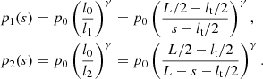 $$ \begin{aligned}&p_1(s)=p_0 \left(\frac{l_0}{l_1}\right)^\gamma =p_0 \left(\frac{L/2-l_{\rm t}/2}{s-l_{\rm t}/2}\right)^\gamma ,\nonumber \\&p_2(s)=p_0 \left(\frac{l_0}{l_2}\right)^\gamma =p_0 \left(\frac{L/2-l_{\rm t}/2}{L-s-l_{\rm t}/2}\right)^\gamma . \end{aligned} $$
