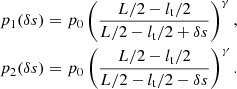 $$ \begin{aligned}&p_1(\delta s)=p_0 \left(\frac{L/2-l_{\rm t}/2}{L/2-l_{\rm t}/2+\delta s}\right)^\gamma ,\nonumber \\&p_2(\delta s)=p_0 \left(\frac{L/2-l_{\rm t}/2}{L/2-l_{\rm t}/2-\delta s}\right)^\gamma . \end{aligned} $$