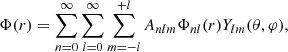 $$ \begin{aligned} \Phi (r) = \sum _{n=0}^{\infty }\sum _{l=0}^{\infty }\sum _{m=-l}^{+l}A_{nlm}\Phi _{nl}(r)Y_{lm}(\theta , \varphi ), \end{aligned} $$