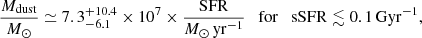$$ \begin{aligned} \frac{M_{\mathrm{dust}}}{{M}_\odot }\simeq 7.3_{-6.1}^{+10.4}\times 10^{7} \times \frac{\mathrm{SFR}}{{M}_\odot \,{\mathrm{yr}^{-1}}} \quad \mathrm{for} \quad \mathrm{sSFR}\lesssim 0.1\,\mathrm{Gyr}^{-1}, \end{aligned} $$