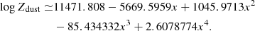 $$ \begin{aligned} \begin{aligned} \log Z_{\rm dust}\simeq &11471.808-5669.5959x+1045.9713x^2 \\&-85.434332x^3+2.6078774x^4. \end{aligned} \end{aligned} $$