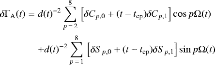 \begin{eqnarray*}\delta\Gamma_{\textrm{A}}(t) &=& d(t)^{-2} \sum_{p\,{=}\,2}^8\, \left[\delta C_{p,0}&#x002B;(t-t_{\textrm{ep}})\delta C_{p,1}\right]\cos p\Omega(t) \nonumber \\ && &#x002B; d(t)^{-2} \sum_{p\,{=}\,1}^8\, \left[\delta S_{p,0}&#x002B;(t-t_{\textrm{ep}})\delta S_{p,1}\right]\sin p\Omega(t) \, \end{eqnarray*}