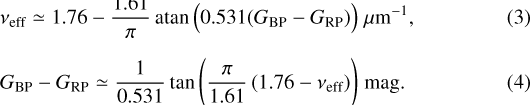 \begin{eqnarray}&& \nu_{\textrm{eff}} \simeq 1.76 - \frac{1.61}{\pi}\,\textrm{atan}\, \left(0.531(G_{\textrm{BP}}-G_{\textrm{RP}})\right)\; \mu{\textrm{m}}^{-1} , \\[5pt] && G_{\textrm{BP}}-G_{\textrm{RP}} \simeq \frac{1}{0.531}\,\textrm{tan}\, \Biggl(\frac{\pi}{1.61}\,(1.76-\nu_{\textrm{eff}})\Biggr)\; \textrm{mag} .\end{eqnarray}