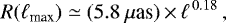 \begin{equation*}R(\ell_{\textrm{max}}) \simeq (5.8~\mu{\textrm{as}})\,{\times}\,\ell^{\,0.18}\, , \end{equation*}