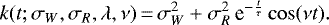 \begin{align*} k(t;\sigma_W,\sigma_R, \lambda, \nu)\,{=}\,\sigma_W^2 + \sigma_R^2 \,\textrm{e}^{-\frac{t}{\tau} } \cos(\nu t).\end{align*}