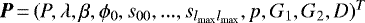 $\bm{P}\,{=}\,(P, \lambda, \beta, \phi_0, s_{00},..., s_{l_{\textrm{max}}l_{\textrm{max}}}, p, G_1, G_2, D)^T$
