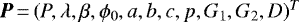 $\bm{P}\,{=}\,(P, \lambda, \beta, \phi_0, a, b, c, p, G_1, G_2, D)^T$