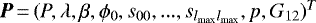 $\bm{P}\,{=}\,(P, \lambda, \beta, \phi_0, s_{00},..., s_{l_{\textrm{max}}l_{\textrm{max}}}, p, G_{12})^T$