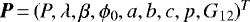$\bm{P}\,{=}\,(P, \lambda, \beta, \phi_0, a, b, c, p, G_{12})^T$