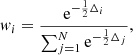 $$ \begin{aligned} { w}_i = \frac{\mathrm{e}^{-\frac{1}{2}\Delta _i}}{\sum _{j=1}^N \mathrm{e}^{-\frac{1}{2}\Delta _j}}, \end{aligned} $$