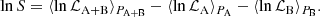 $$ \begin{aligned} \ln S = \langle \ln {\mathcal{L} }_{\rm A+B}\rangle _{P_{\rm A+B}} - \langle \ln {\mathcal{L} }_{\rm A}\rangle _{P_{\rm A}} - \langle \ln {\mathcal{L} }_{\rm B}\rangle _{P_{\rm B}}. \end{aligned} $$