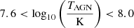 $ 7.6 < \log_{10}{\left(\frac{T_{\mathrm{AGN}}}{\mathrm{K}}\right)} < 8.0 $