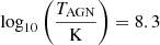 $ \log_{10}{\left(\frac{T_{\mathrm{AGN}}}{\mathrm{K}}\right)}=8.3 $