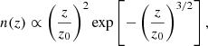 $$ \begin{aligned} n(z)\propto \left(\frac{z}{z_0}\right)^2 \exp \left[-\left(\frac{z}{z_0}\right)^{3/2}\right], \end{aligned} $$