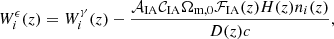 $$ \begin{aligned} W_i^\epsilon (z) = W_i^\gamma (z)-\frac{{\mathcal{A} }_{\rm IA}{\mathcal{C} }_{\rm IA}\Omega _{\mathrm{m},0}{\mathcal{F} }_{\rm IA}(z)H(z)n_i(z)}{D(z)c}, \end{aligned} $$