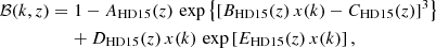 $$ \begin{aligned}&\mathcal{{B}}(k,z) = 1 - A_{\rm HD15}(z)\, \exp {\left\{ [B_{\rm HD15}(z)\, x(k) - C_{\rm HD15}(z)]^3 \right\} } \nonumber \\&\qquad \qquad \quad + D_{\rm HD15}(z)\, x(k)\,\exp \left[E_{\rm HD15}(z)\, x(k)\right], \end{aligned} $$