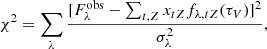 $$ \begin{aligned} \chi ^2=\sum _\lambda \frac{[F^\mathrm{obs}_\lambda - \sum _{t,Z} x_{tZ} f_{\lambda , tZ}(\tau _V)]^2}{\sigma _\lambda ^2}, \end{aligned} $$