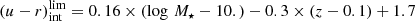 $$ \begin{aligned} (u-r)_{\rm int}^\mathrm{lim} = 0.16 \times (\log \,M_\star - 10.) - 0.3 \times (z - 0.1) + 1.7 \end{aligned} $$