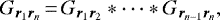 \begin{equation*}G_{{\bm r}_1 {\bm r}_n}\,{=}\,G_{{\bm r}_1 {\bm r}_2} * \cdots * G_{{\bm r}_{n-1} {\bm r}_n} ,\end{equation*}