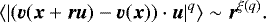 \begin{equation*}\langle \left | \left({\bm v}({\bm x} + {\bm r}{\bm u}) - {\bm v}({\bm x}) \right) \cdot \displaystyle {\bm u} \right |^q \rangle \sim {\bm r}^{\xi(q)}. \end{equation*}