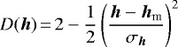 $D({\bm h})\,{=}\,\displaystyle 2 - \frac{1}{2} \left ( \frac{{\bm h} - {\bm h}_{\textrm{m}}}{\sigma_{{\bm h}}} \right)^2$
