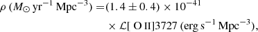 $$ \begin{aligned} \rho \,(M_\odot \,\mathrm{yr}^{-1}\,\mathrm{Mpc}^{-3})=&(1.4\pm 0.4)\times 10^{-41}\nonumber \\&\times {\mathcal{L} }{[{\text{ O}}{\small {{\text{II}}}}]3727}\,\mathrm{(erg\,s^{-1}\,Mpc^{-3})}, \end{aligned} $$