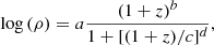 $$ \begin{aligned} \log \,(\rho )=a\frac{(1+z)^b}{1+[(1+z)/c]^d}, \end{aligned} $$
