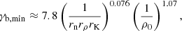 $$ \begin{aligned}&\gamma _\mathrm{b,min} \approx 7.8 \left(\frac{1}{r_\mathrm{n} r_\rho r_\mathrm{K} } \right)^{0.076} \left(\frac{1}{\rho _0}\right)^{1.07}, \end{aligned} $$