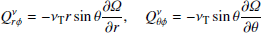 $$ \begin{aligned} Q^\nu _{r \phi } = -\nu _{\rm T}r \sin \theta \frac{\partial { \mathit{\Omega} }}{\partial r}, \quad Q^\nu _{\theta \phi } = - \nu _{\rm T}\sin \theta \frac{\partial { \mathit{\Omega} }}{\partial \theta } \end{aligned} $$
