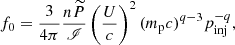 $$ \begin{aligned} f_0=\frac{3}{4\pi }\frac{n{\widetilde{P}}}{\fancyscript {I}}\left(\frac{U}{c}\right)^2(m_{\rm p}c)^{q-3}p_{\rm inj}^{-q}, \end{aligned} $$