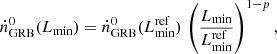 $$ \begin{aligned} \dot{n}^0_\mathrm{GRB} (L_{\rm min}) = \dot{n}^0_\mathrm{GRB} (L_{\rm min}^\mathrm{ref})\,\left( \frac{L_{\rm min}}{L_{\rm min}^\mathrm{ref}} \right)^{1-p} , \end{aligned} $$