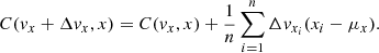 $$ \begin{aligned} C({ v}_x + \Delta { v}_x,x) = C({ v}_x,x) + \frac{1}{n} \sum _{i=1}^{n}\Delta { v}_{x_i} (x_i - \mu _{x}). \end{aligned} $$