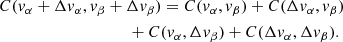 $$ \begin{aligned}&C({ v}_\alpha + \Delta { v}_\alpha , { v}_\beta + \Delta { v}_\beta ) = C({ v}_\alpha ,{ v}_\beta ) + C(\Delta { v}_\alpha , { v}_\beta ) \nonumber \\&\qquad \qquad \qquad \qquad \qquad + C({ v}_\alpha , \Delta { v}_\beta ) + C(\Delta { v}_\alpha , \Delta { v}_\beta ). \end{aligned} $$