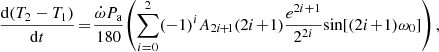 $$ \begin{aligned} \!\frac{\mathrm{d}(T_2-T_1)}{\mathrm{d}t}\!=\!\frac{\dot{\omega }P_{\rm a}}{180}\!\left( \sum _{i=0}^{2}(-1)^{i}A_{2i\!+\!1}(2i\!+\!1)\frac{e^{2i+1}}{2^{2i}}\!\sin [(2i\!+\!1)\omega _0] \right), \end{aligned} $$