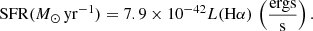 $$ \begin{aligned} \mathrm{SFR}({M}_{\odot }\,\mathrm{yr}^{-1})=7.9 \times 10^{-42} L(\mathrm{H}\alpha )\, \left({\frac{\mathrm{ergs}}{\mathrm{s}}}\right) . \end{aligned} $$