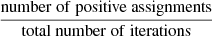 $ \frac{\mathrm{{number\ of\ positive\ assignments}}}{\mathrm{{total\ number\ of\ iterations}}} $