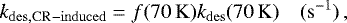 \begin{equation*} k_{\mathrm{des,CR-induced}} = f(70\, \mathrm{K}) k_{\mathrm{des}}(70\, \mathrm{K}) \quad(\mathrm{s}^{-1}) \,, \end{equation*}