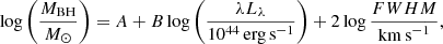 $$ \begin{aligned} \log \left(\frac{M_{\rm BH}}{M_{\odot }} \right)= {A+B} \log \left(\frac{\lambda L_{\lambda }}{10^{44}\,\mathrm{erg\,s^{-1}}} \right) + 2 \log \frac{FWHM}{\mathrm{km\,s}^{-1}}, \end{aligned} $$